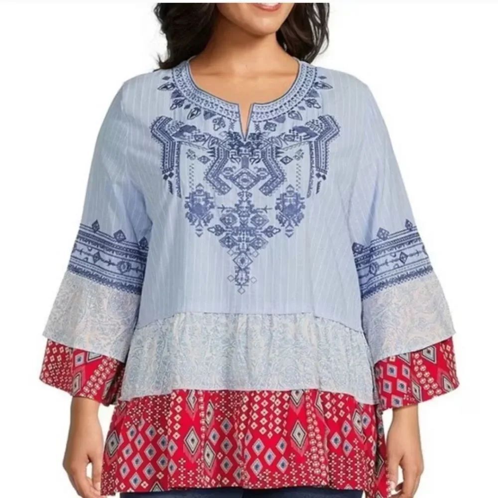 CALESSA TUNIC ROUND NECK 3/4 SLEEVE TIERED CRINKLE FLORAL PRINT MULTICOLOR SZ M